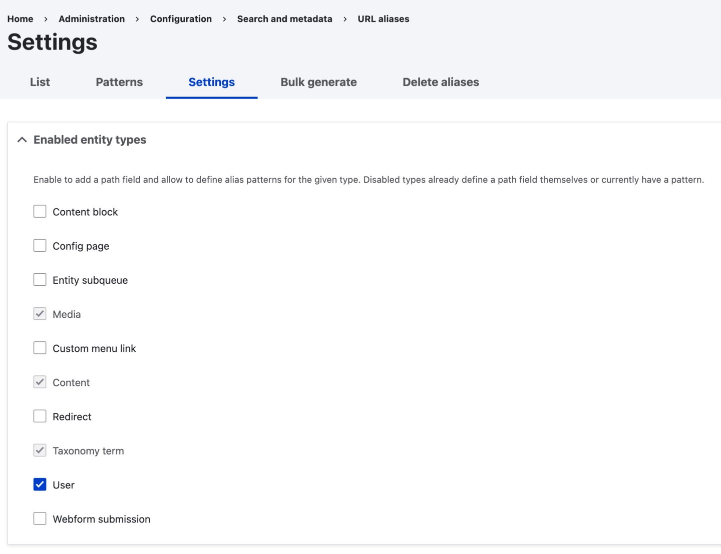 Settings pathauto
