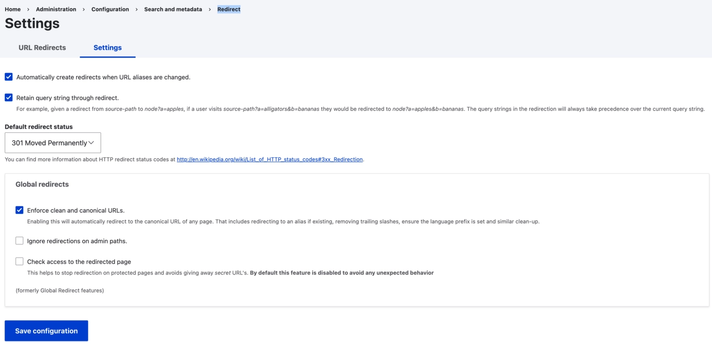Settings redirect